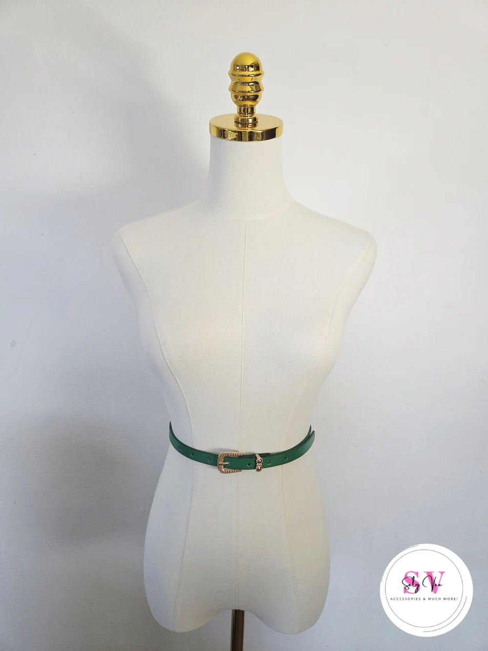 Green Thin Belt With Gold Buckle